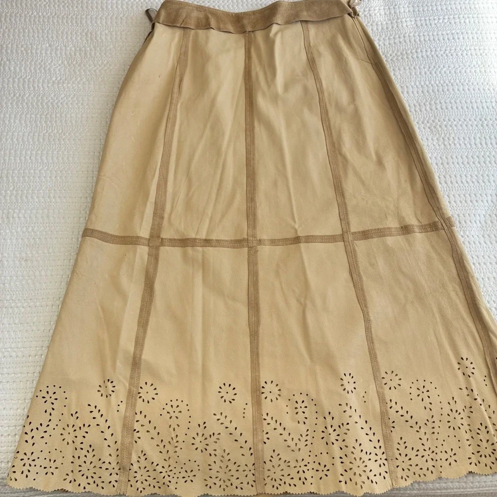 Coldwater Creek Suede Midi‎ Skirt Tan Laser Cut Romantic Western Women 12P